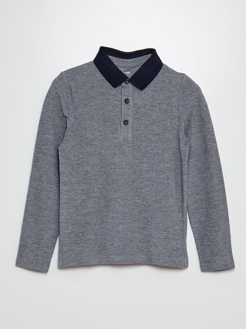 Polo en piqué de coton manches longues Bleu gris - Kiabi