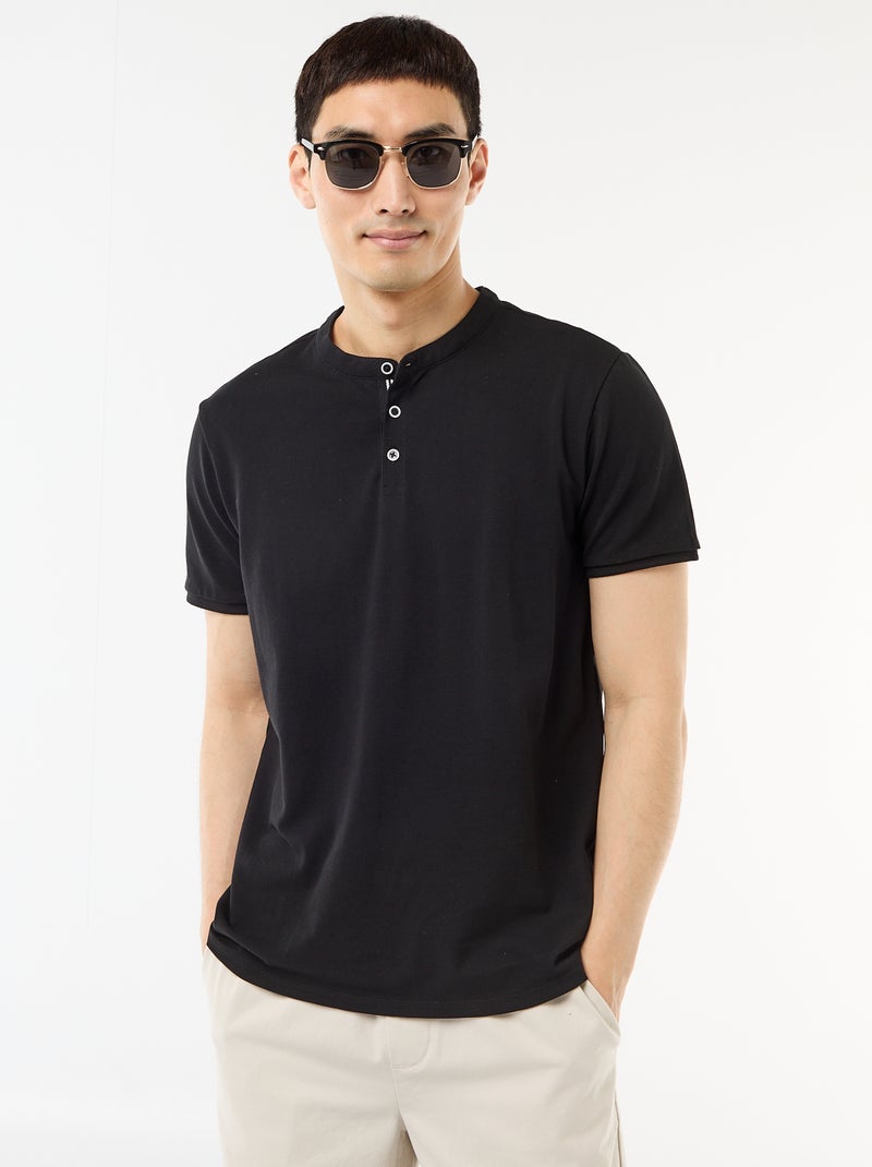 Polo homme en maille piquée à col tunisien Noir - Kiabi