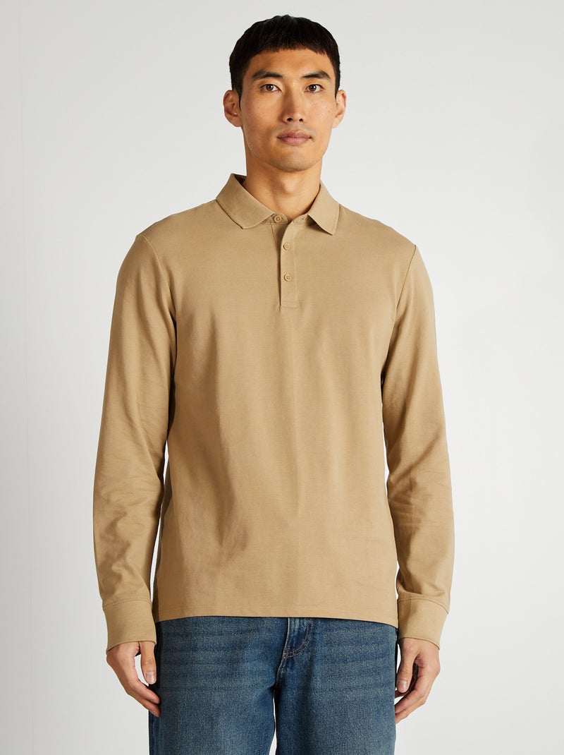 Polo manches longues en piqué de coton Beige - Kiabi