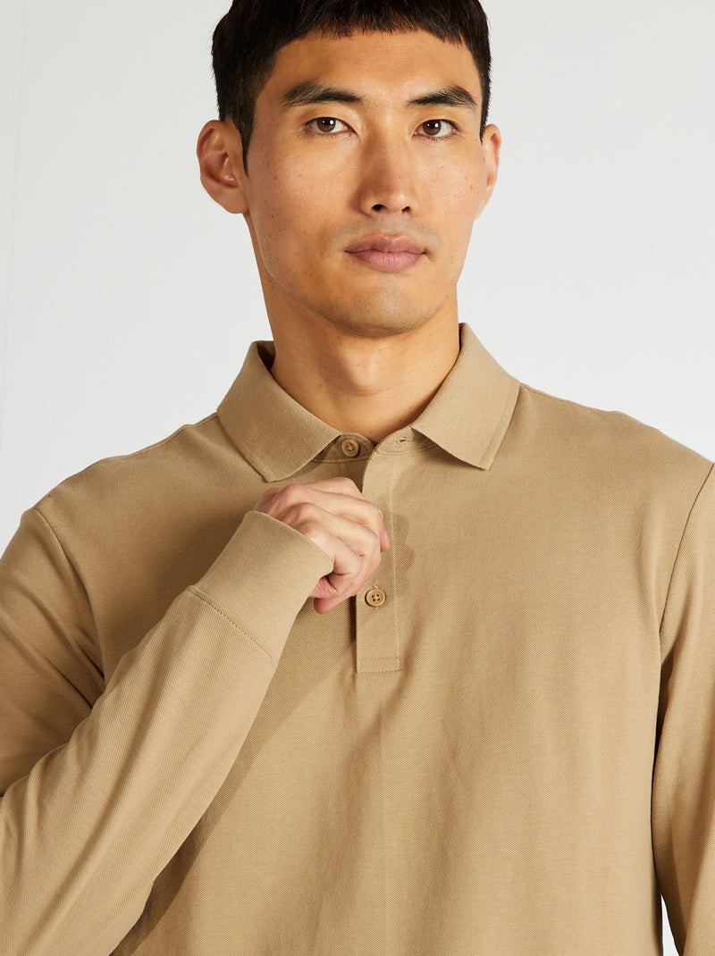 Polo manches longues en piqué de coton Beige - Kiabi