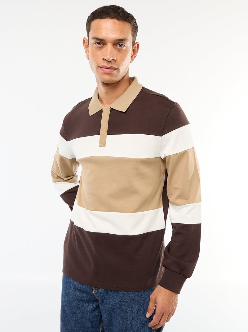 Polo met lange mouw, rugbystijl en colorblock-patroon Bruin - Kiabi