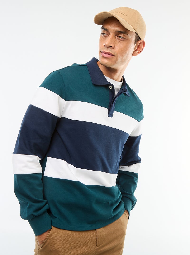 Polo met lange mouw, rugbystijl en colorblock-patroon Groen - Kiabi