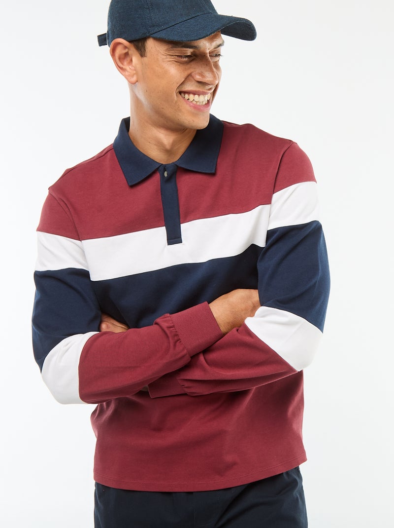 Polo met lange mouw, rugbystijl en colorblock-patroon Rood - Kiabi
