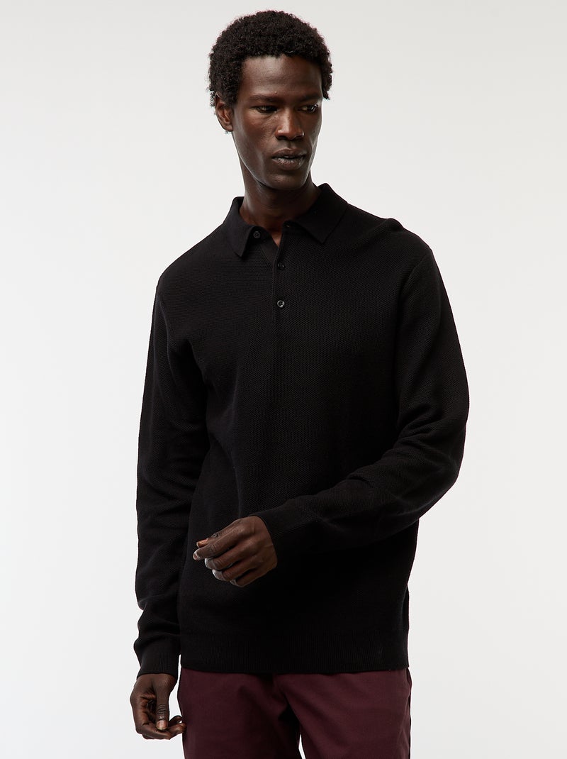 Polo met lange mouwen van fantasietricot zwart - Kiabi