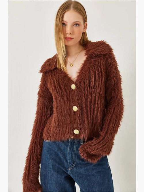 Polo neck cardigan met gouden knopen en imitatiebontlook lucci - Kiabi