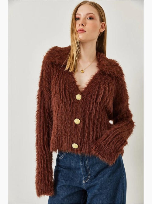 Polo neck cardigan met gouden knopen en imitatiebontlook lucci - Kiabi