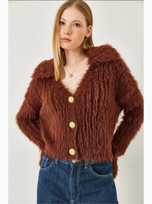 Polo neck cardigan met gouden knopen en imitatiebontlook lucci - Kiabi
