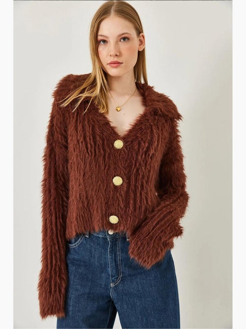 Polo neck cardigan met gouden knopen en imitatiebontlook lucci - Kiabi