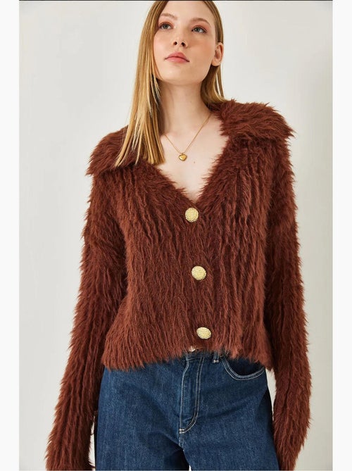 Polo neck cardigan met gouden knopen en imitatiebontlook lucci - Kiabi