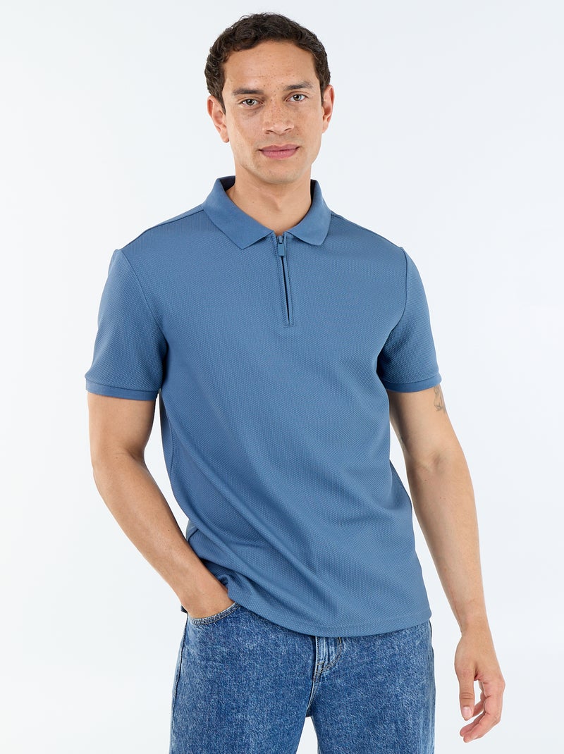 Polo van gewafelde stof met ritskraag Blauw - Kiabi