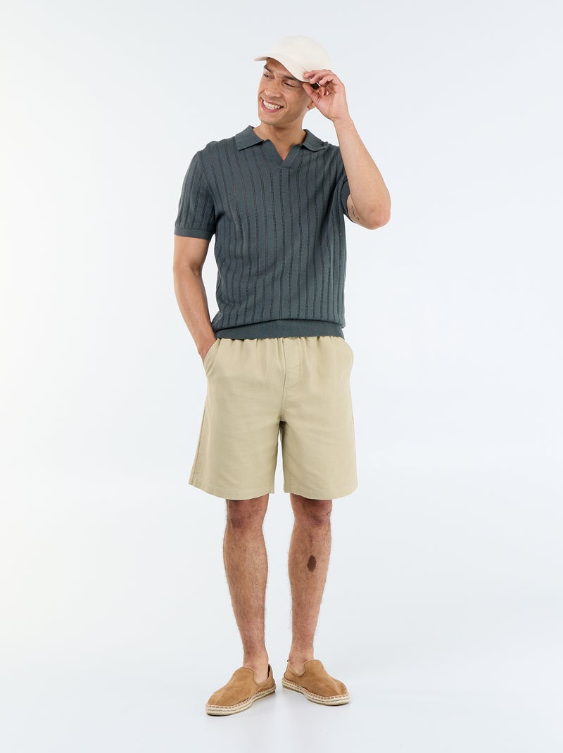 Polo van opengewerkt breisel met korte mouwen Kaki - Kiabi