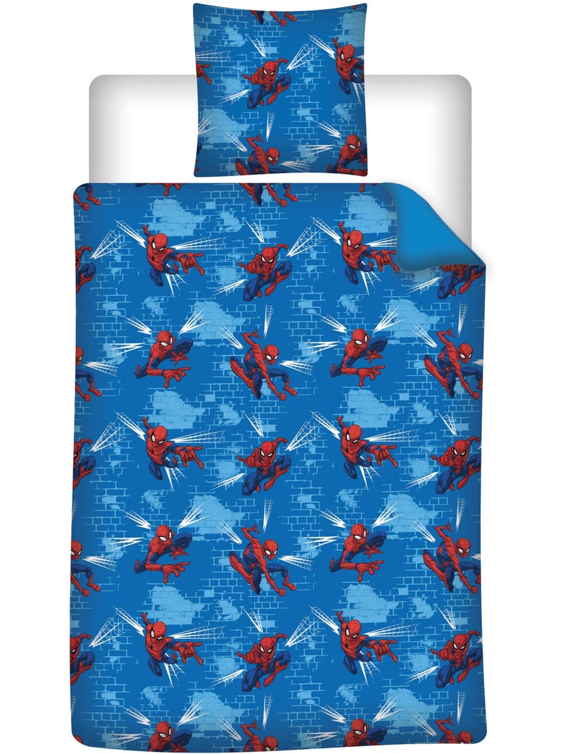 Polykatoen Dekbedovertrek Spider-Man Officiele Marvel Licentie 140x200cm + Kussensloop 65x65cm Zwart Blauw - Kiabi