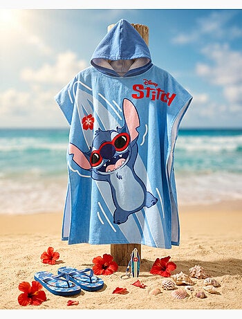 Poncho de Plage Disney Stitch Surf 55x110cm – Vagues Bleu Hibiscus Rouge – Capuche – 100% Polyester