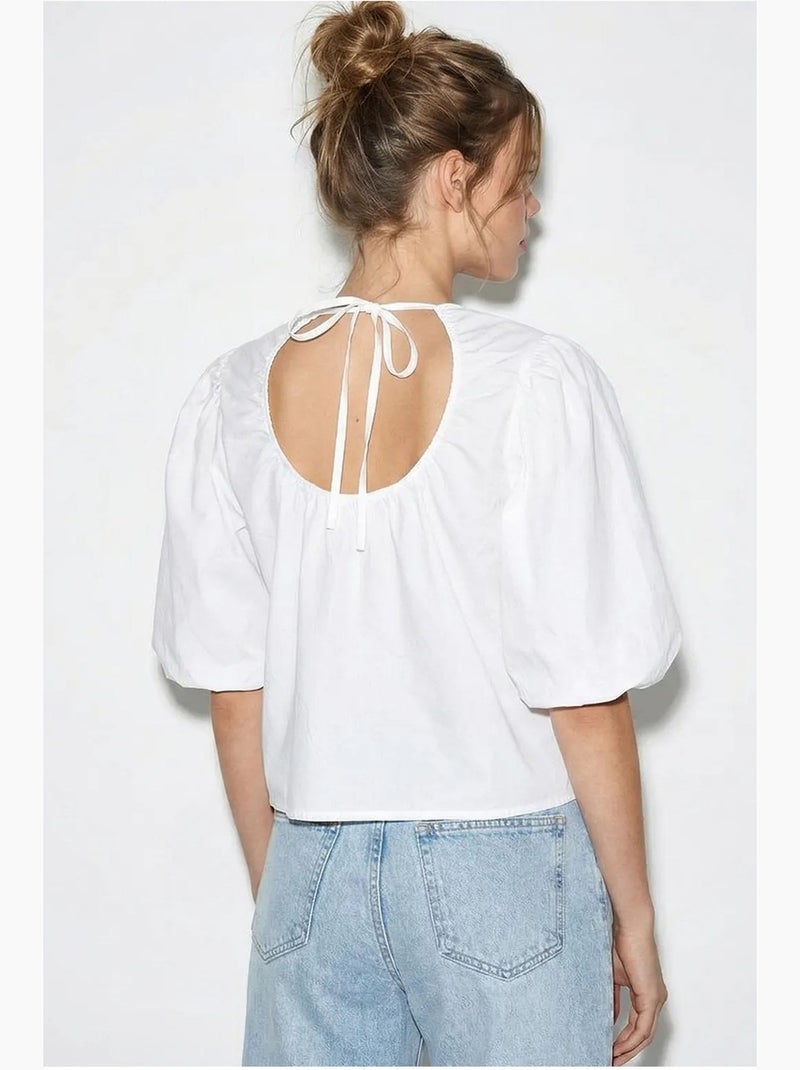 Popeline blouse van katoen met strik voor lucci Wit - Kiabi