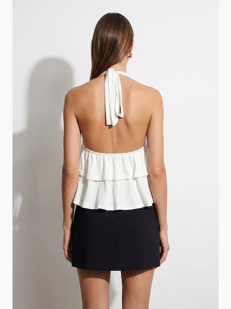 Poplin blouse met halternek en volant dilvin Ecru - Kiabi