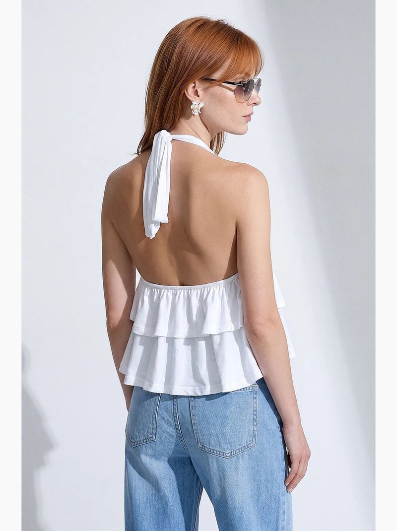 Poplin blouse met halternek en volant dilvin Wit - Kiabi