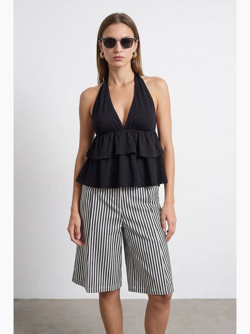 Poplin blouse met halternek en volant dilvin Zwart - Kiabi