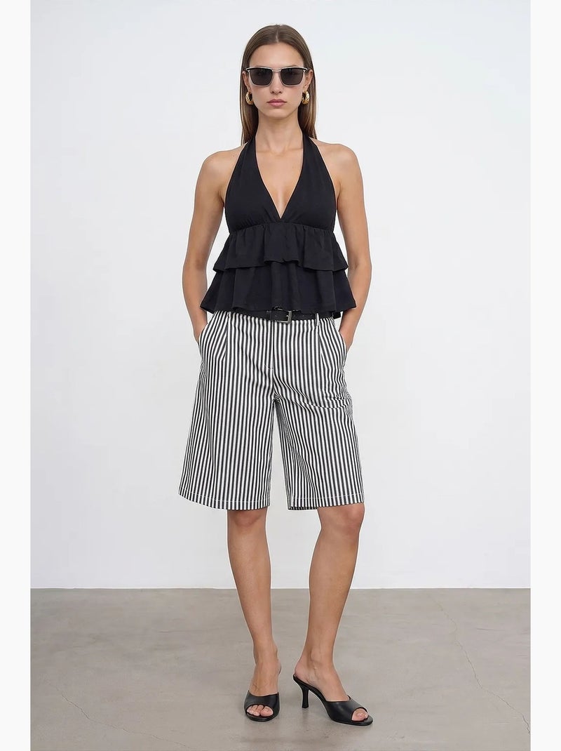 Poplin blouse met halternek en volant dilvin Zwart - Kiabi