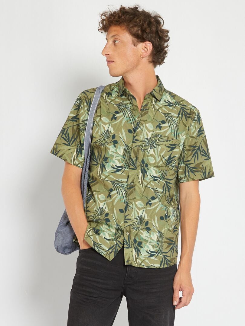 Poplin hemd met tropische print KAKI - Kiabi