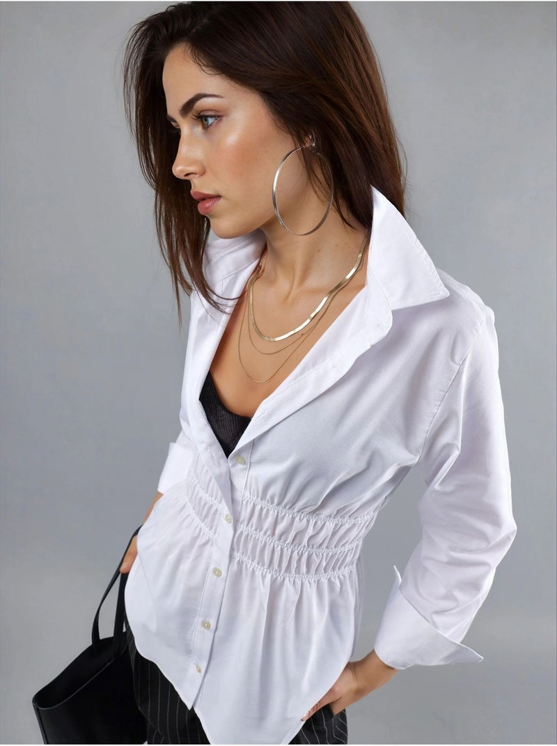 Poplin overhemd met lange mouwen en knoopsluiting met rimpeldetail busem Wit - Kiabi