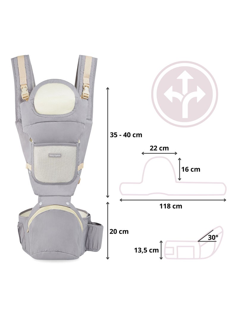 Porte bébé ergonomique bébé 0-36 mois, 15kg max, ceinture 3 points d'appui épaules, taille, hanches Gris - Kiabi