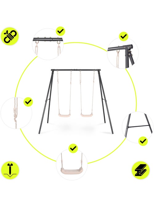 Portique balançoire double jardin hypermotion - acier 3-12 ans - 2 sièges 100kg - Kiabi