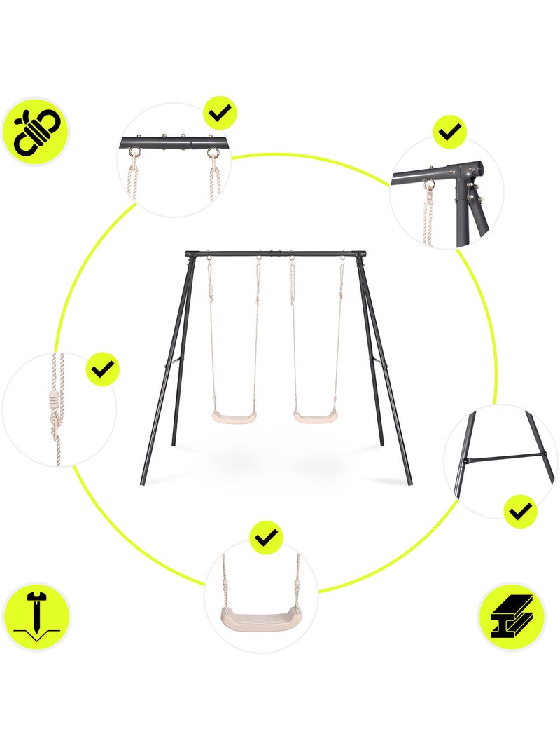 Portique balançoire double jardin hypermotion - acier 3-12 ans - 2 sièges 100kg Gris - Kiabi