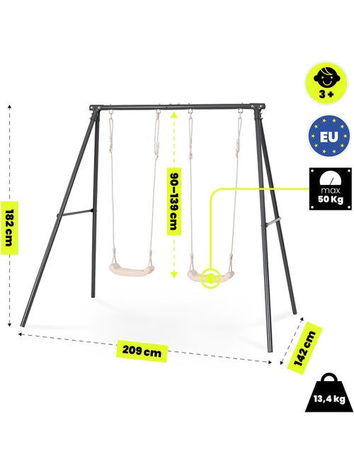 Portique balançoire double jardin hypermotion - acier 3-12 ans - 2 sièges 100kg - Kiabi