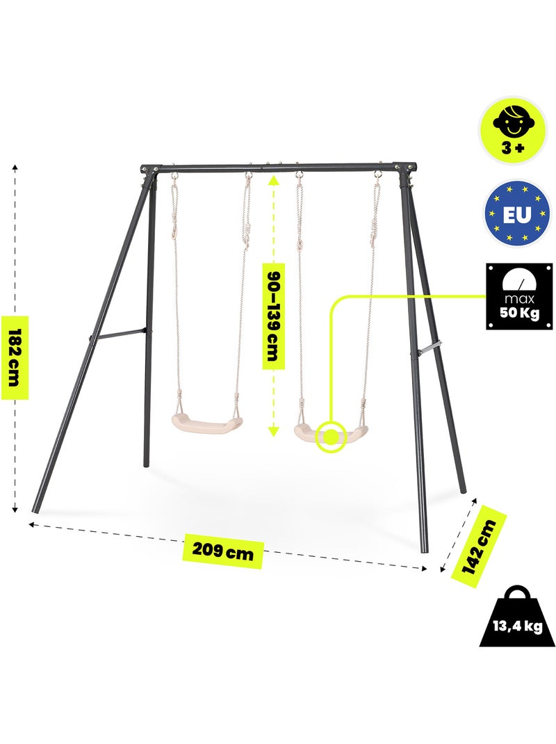 Portique balançoire double jardin hypermotion - acier 3-12 ans - 2 sièges 100kg Gris - Kiabi