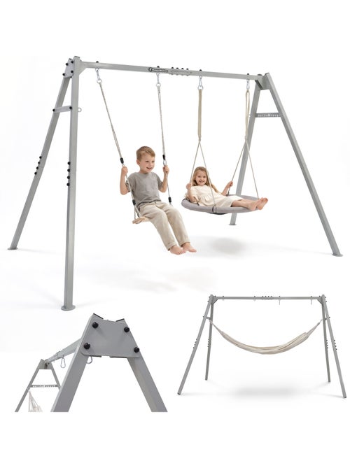 Portique jardin 4-en-1 hypermotion - nid-de-pie, balançoire bois & hamac oxford - Kiabi