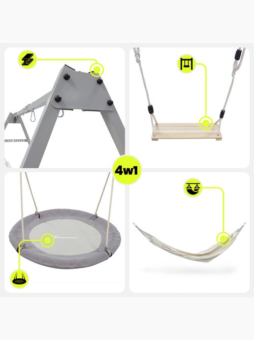Portique jardin 4-en-1 hypermotion - nid-de-pie, balançoire bois & hamac oxford - Kiabi