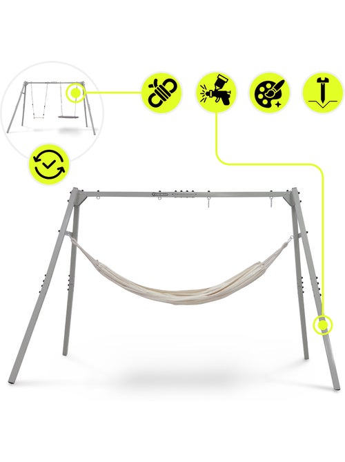 Portique jardin 4-en-1 hypermotion - nid-de-pie, balançoire bois & hamac oxford - Kiabi