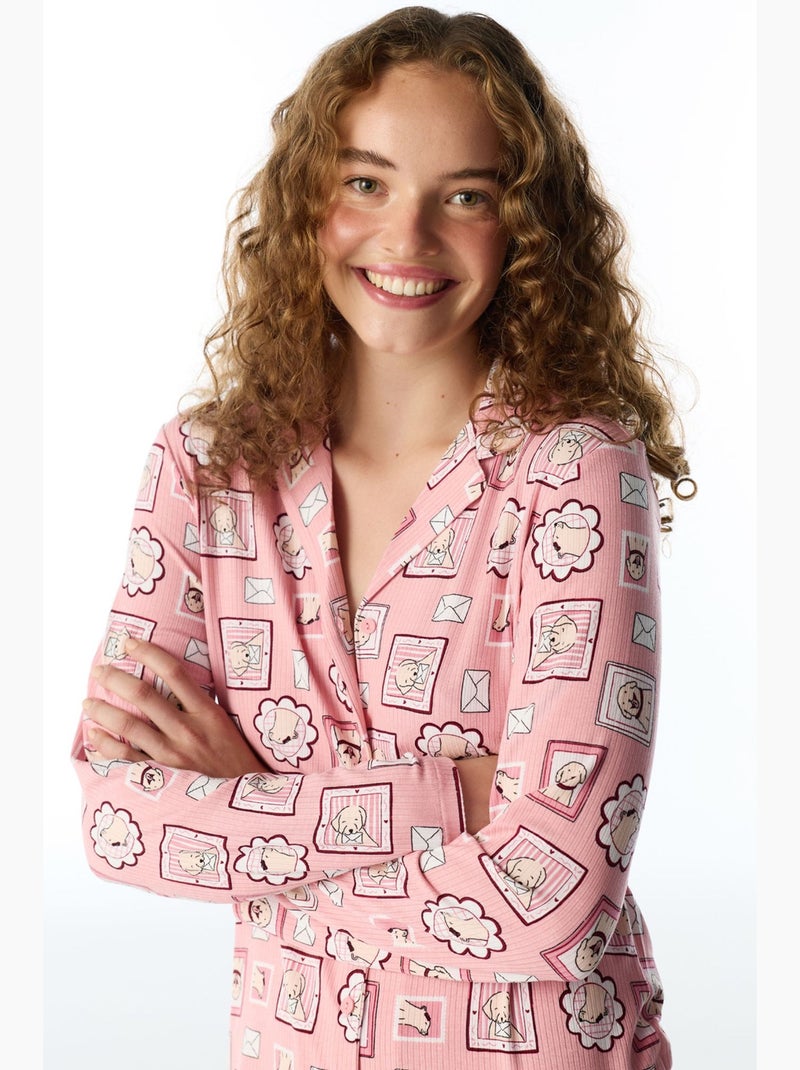 Postcard ribgebreide pyjama set met overhemd en broek, lange mouwen penti Roze - Kiabi