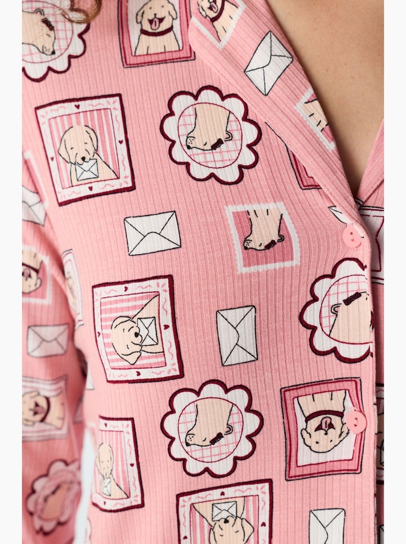 Postcard ribgebreide pyjama set met overhemd en broek, lange mouwen penti Roze - Kiabi
