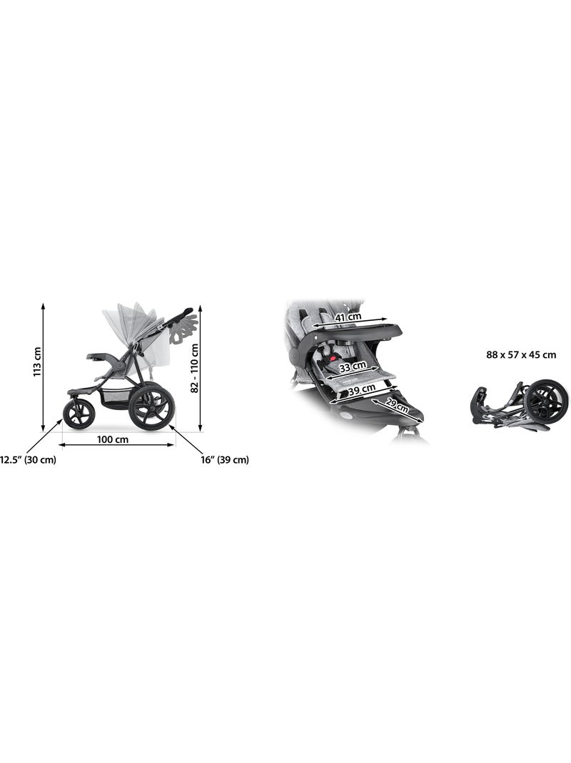 Poussette 3 roues pliable harnais 5 points max 15kg hypermotion Gris - Kiabi