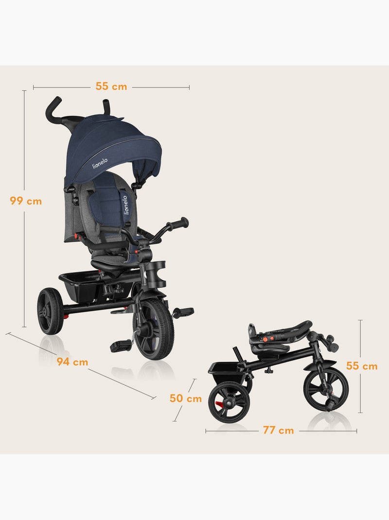Poussette et tricycle bébé LIONELO Haari - Jusqu'à 25 Kg - Siège réversible - Panier et Sac inclus Bleu - Kiabi