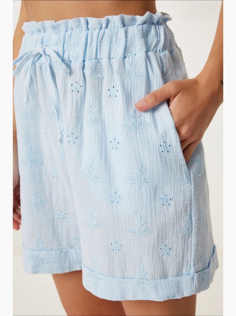 Prachtige mini-shorts met hoge taille, trekkoord en biesdetails. Istanbul Hemelsblauw - Kiabi
