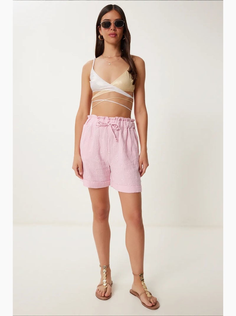 Prachtige mini-shorts met hoge taille, trekkoord en biesdetails. Istanbul Suikerroze - Kiabi