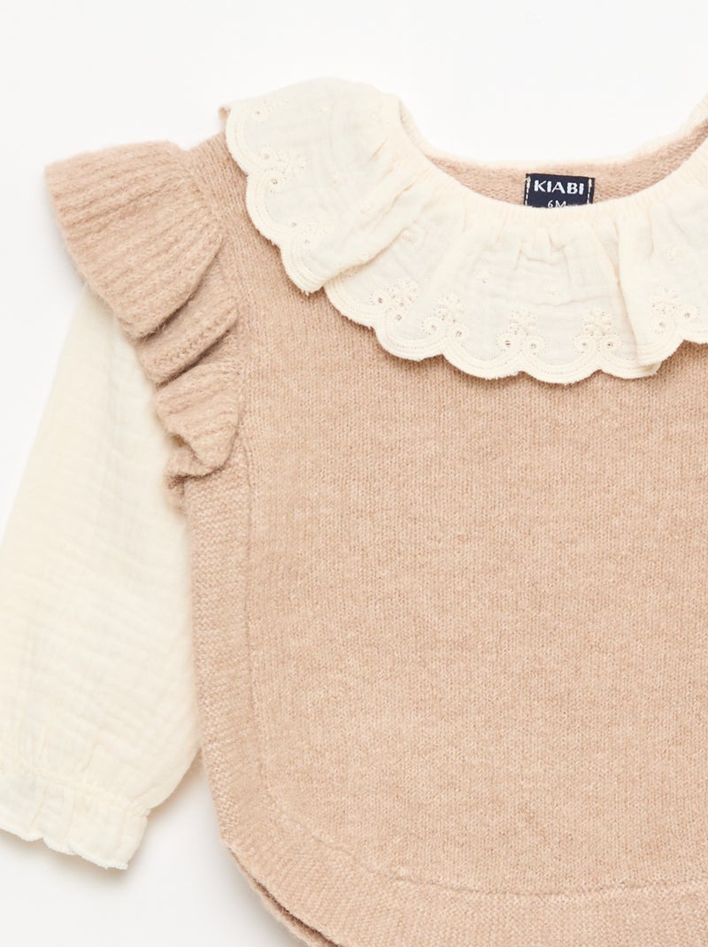 Pull 2 en 1 ave collerette en broderies anglaises Beige - Kiabi