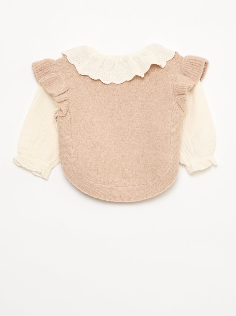 Pull 2 en 1 ave collerette en broderies anglaises Beige - Kiabi