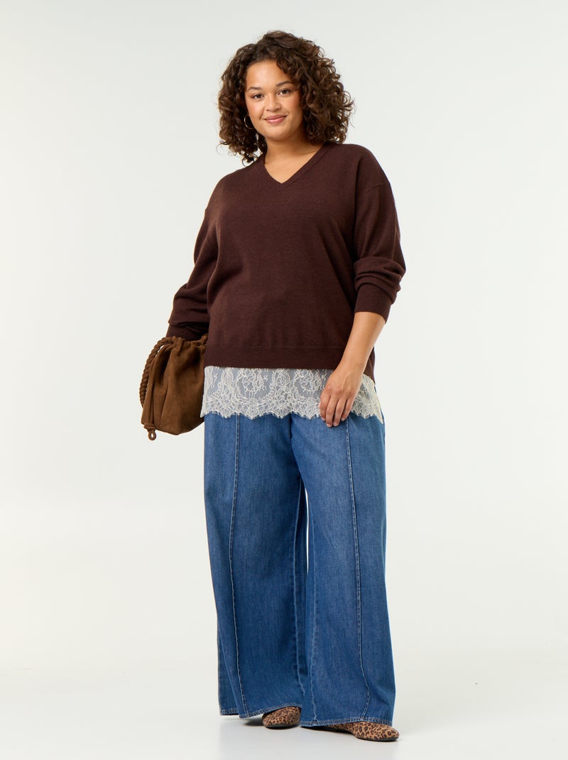 Pull 2-en-1 avec laine mélangée et dentelle Marron - Kiabi