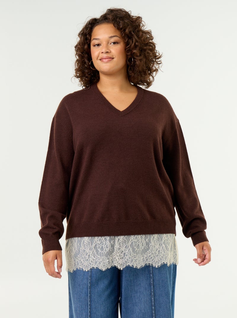 Pull 2-en-1 avec laine mélangée et dentelle Marron - Kiabi