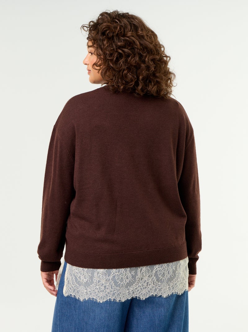 Pull 2-en-1 avec laine mélangée et dentelle Marron - Kiabi