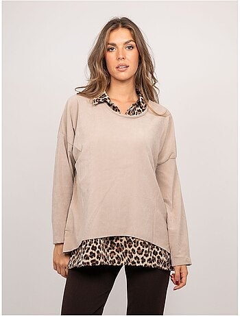 Pull 2 en 1 effet superposé col chemise léopard keva