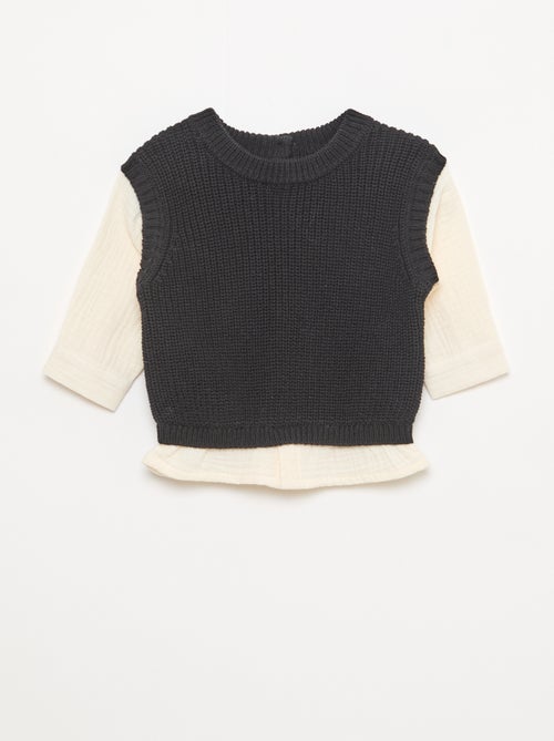 Pull 2 en 1 en tricot et double gaze de coton - Kiabi