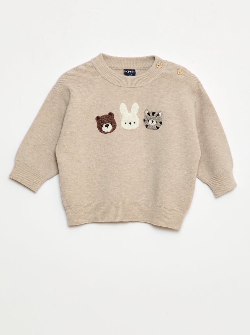 Pull à col rond en maille avec broderies Beige - Kiabi