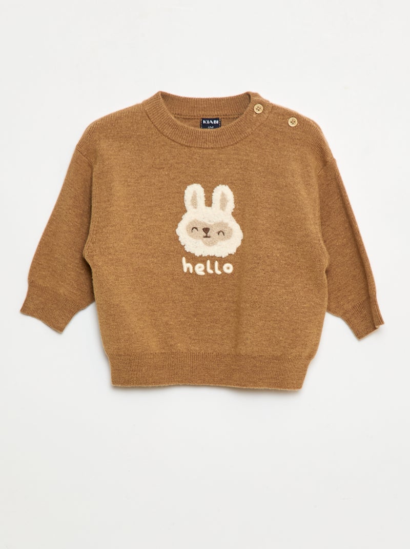 Pull à col rond en maille avec broderies Marron - Kiabi