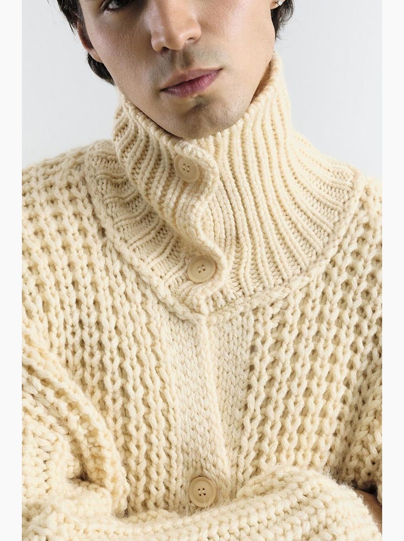 Pull à col roulé côtelé oversize avec fermeture à boutons giesto Ivoire - Kiabi