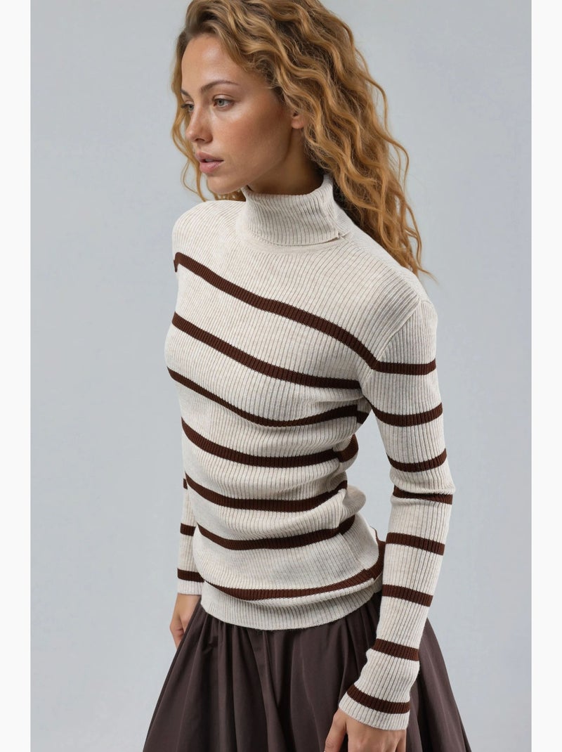 Pull à col roulé côtelé rayé my fashion Sable - Kiabi