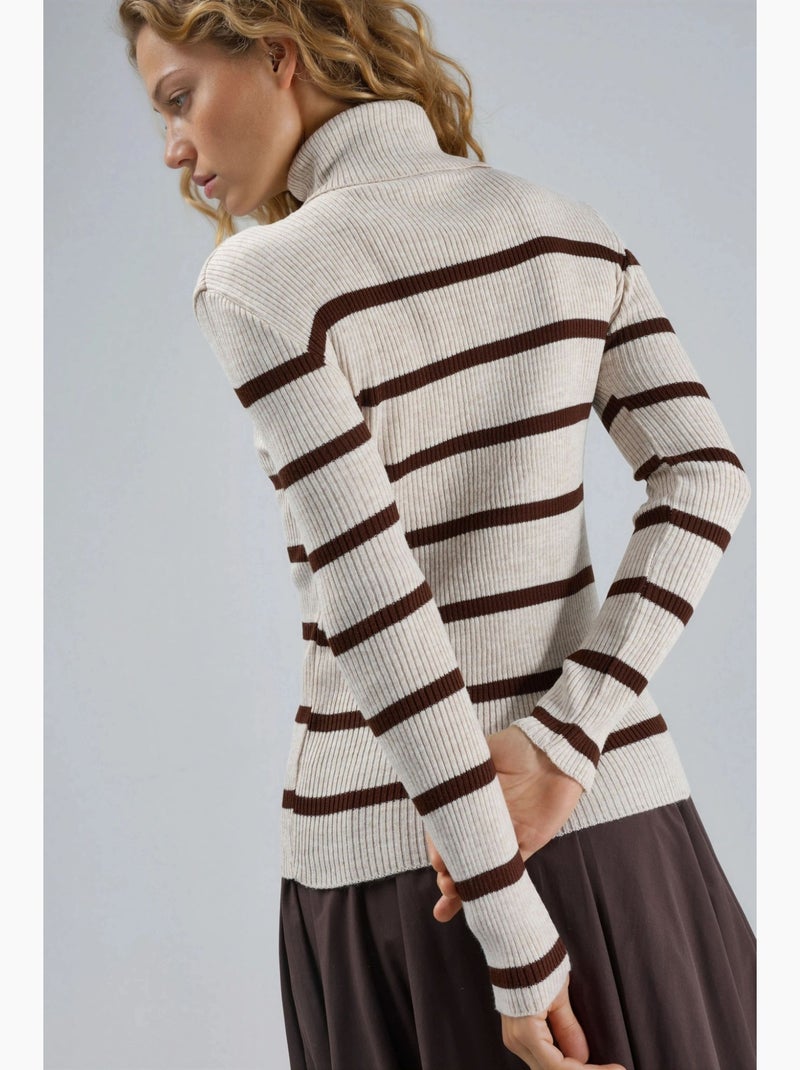 Pull à col roulé côtelé rayé my fashion Sable - Kiabi